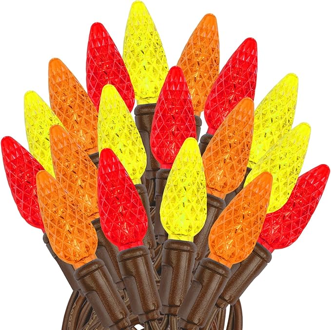 Novelty Lights 24FT 70 LED C6 LED Thanksgiving String Lights, Outdoor Christmas Tree Commercial Grade LED String Lights, Permanent Christmas Lights Outdoor Tree Decorations (Yellow/Red/Orange)