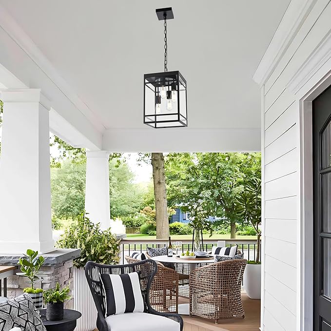 4-Light Outdoor Pendant Lights for Porch, Black Outdoor Chandelier 15.7'' Large Exterior Hanging Porch Light Fixtures with Clear Glass, Waterproof Outside Pendant Lantern for Garage Foyer