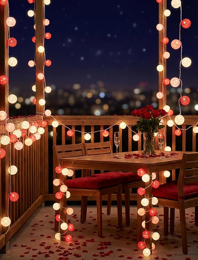 Red Pink and White Cotton Ball String Lights, 8.5Ft Valentine's Day Plug in Fairy Lights with 10 LED Colored Cotton Ball Bulbs, Hanging Globe Cozy Lighting for Girls Bedroom Party Birthday Home Decor