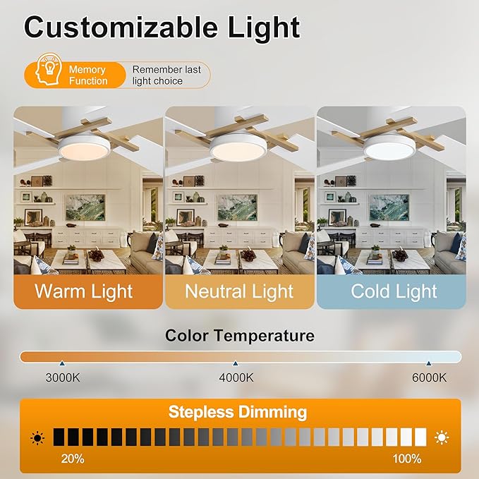 WINGBO 48" Flush Mount Ceiling Fan with Light - 4 Plywood Blades, 6-Speed Reversible DC Motor, Dimmable, 3CCT, Noiseless Low Profile Ceiling Fans and Light for Bedroom Living Room, Gold and White
