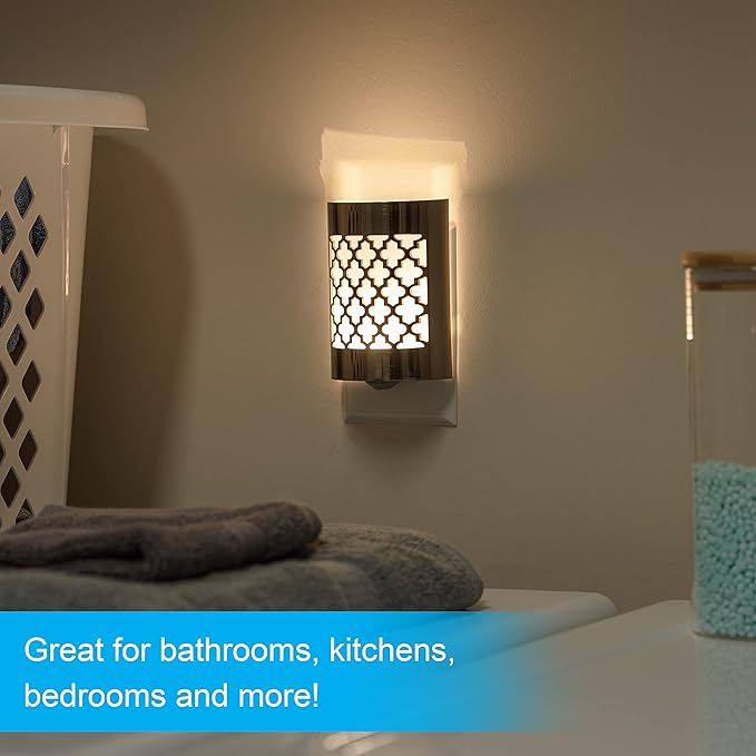 GE CoverLite LED Night Light, Decorative, Plug-in, Smart Dusk-to-Dawn Sensor, Home Décor, Ideal for Bedroom, Bathroom, Kitchen, Hallway, 1 Pack, 29847, Brushed Nickel | Moroccan