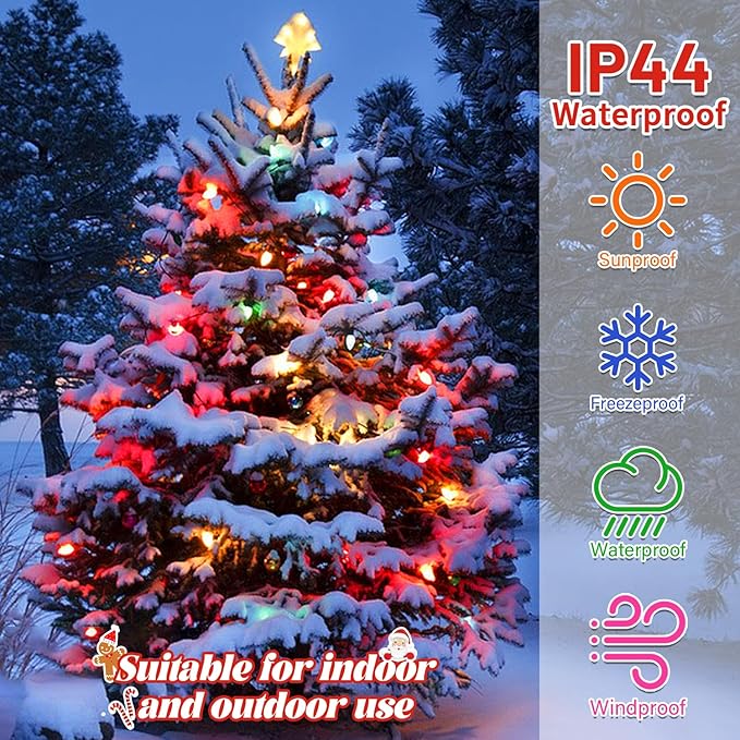 C7 LED Multicolor Christmas Lights 20Ft Outdoor String With 22 Ceramic Bulbs, Hanging Vintage Decorations for Party Indoor Outdoor, Green Wire