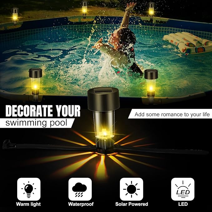 VIHOSE Pool Solar Lights for Framed Above Ground Pools Waterproof Solar Light Outdoor Swimming Pool Fence Decorations Pool Accessories Night Lights (Warm Light,8 Pcs)