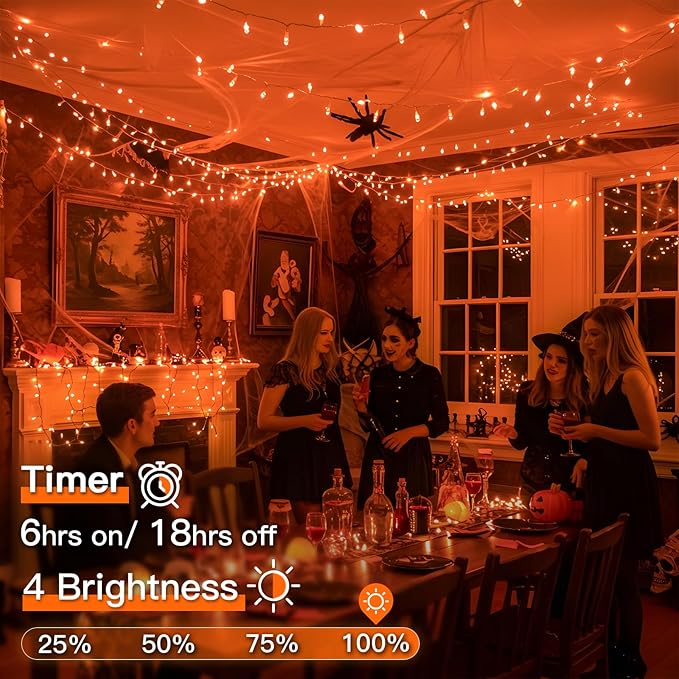 suddus Orange String Lights Outdoor with Remote, 33ft 100 LED Connectable Waterproof Halloween Lights Plug in, Dimmable Clear Wire Fairy Lights for Fall,Thanksgiving, Party, Garden, Porch, Dorm Decor