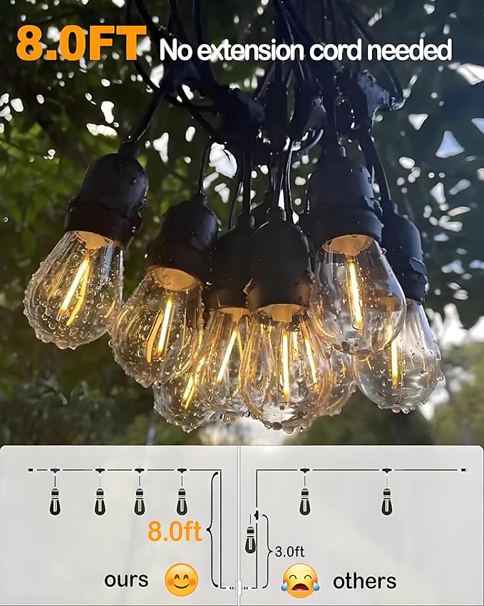 25FT Outdoor String Lights Waterproof, Patio Lights with 13 S14 Edison Bulbs, 120V LED Outside Lights for Porch, Balcony, Gazebo, Bistro, Garden, Backyard and Cafe Decor