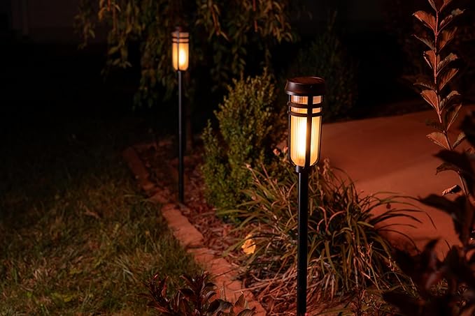 FoxFlame Metal Solar Torch Lights-Adjustable Height (24"-50"), Outdoor Garden Decor with Patented LED, Waterproof Solar Tiki Torches for Yard,Patio,Garden Pathway,Matte Black–2 Pack