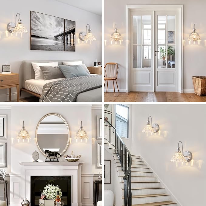 Vintage Bathroom Light Fixtures Over Mirror, 1-Light Brushed Nickel Wall Sconce Lighting with Flower Glass Shade, Farmhouse Vanity Lights for Bedroom Kitchen Living Room Hallway Light