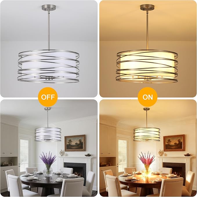 19.7'' Brushed Nickel Drum Chandeliers for Dining Room, 5-Lights Kitchen Chandeliers Over Table, Entryway Light Fixture Hanging, Industrial Round Chandelier for Living Room Stairwell Bedroom