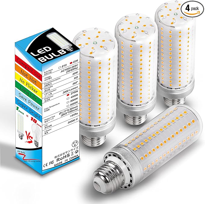 Big 1.77x 5.9 inch E26 Medium Base 200w Replacement LED Corn Bulbs, 2700K Warm White,3000 Lumen E26 E27 20W LED Candelabra Ceiling Fan Light Bulbs for Home Garage Warehouse Indoor, Non-dimmable,4 Pack