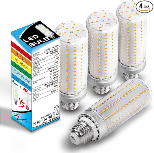 Big 1.77x 5.9 inch E26 Medium Base 200w Replacement LED Corn Bulbs, 2700K Warm White,3000 Lumen E26 E27 20W LED Candelabra Ceiling Fan Light Bulbs for Home Garage Warehouse Indoor, Non-dimmable,4 Pack