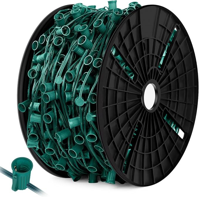 Brightever Commercial Grade 750 FT C9 Lights String, E17 Light Sockets Set Spool, LED C9 Sockets Patio String Lights C9 Strands - 12 Spacing Intermediate Base Green Wire String Lights for Holiday