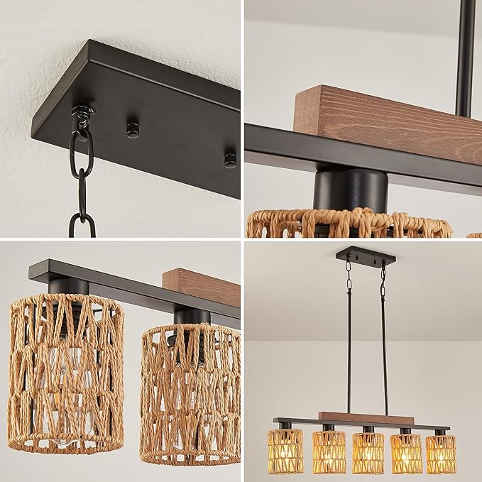 Boho Dining Room Light Fixture, 5-Light Rattan Chandelier, Farmhouse Woven Large Coastal Wicker Wood Bamboo Bohemian Rustic Rectangle Black Linear Pendant Lights Over Table for Kitchen Island