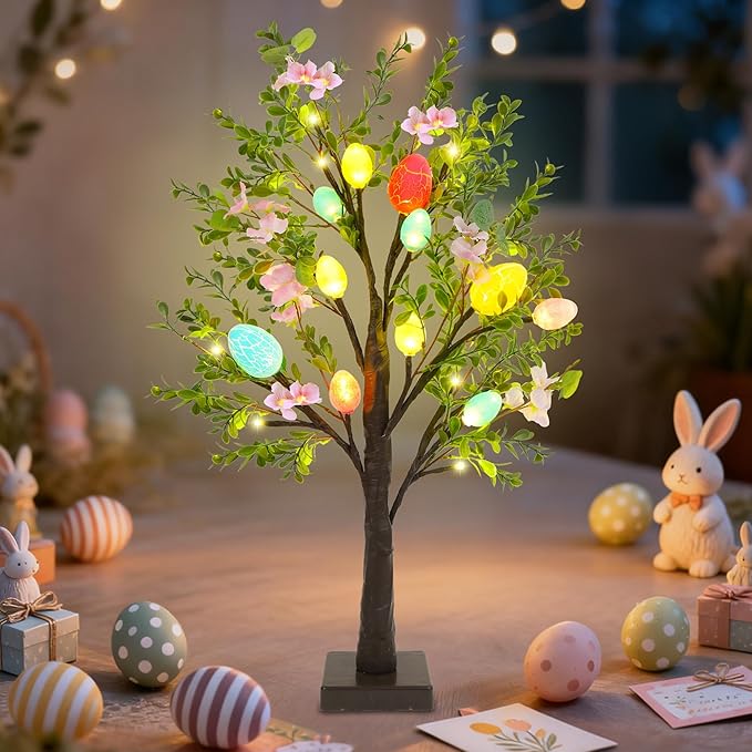 DR.DUDU Easter Decor Set of 2 Lighted 24 Inch Artificial Tree with Easter Eggs & Colorful LED Lights, Light Up Tabletop Bonsai Tree for Table Home Holiday Spring Decor