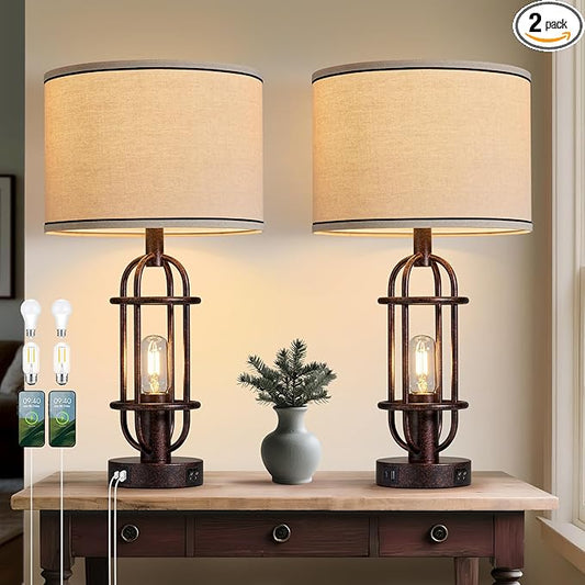 22.3" Table Lamps for Living Room Set of 2, Farmhouse Lamps for Nightstand, Vintage Table Lamps for Bedroom with USB Ports, Bulbs Included