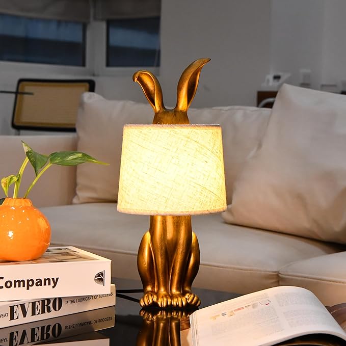 YHT Bunny Table Lamp, Cute Animal Rabbit Lamp,15.7" Vintage LED Desk Light with Linen Lampshade,Gold Main Part Beside Lamp for Bedroom, Study Room, Office, Nursery, Home Decor (Linen)
