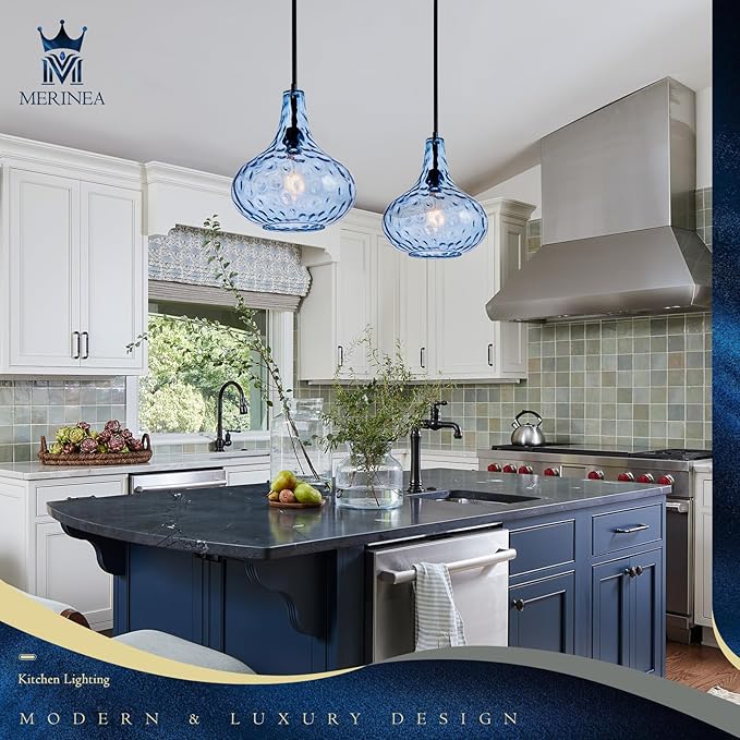 11" Hand-Blown Blue Glass Pendant Light, Hammered Glass Shade with Black Finish, Adjustable Modern Hanging Light Fixture for Kitchen Island, Dining Room, Hallway, Living Room