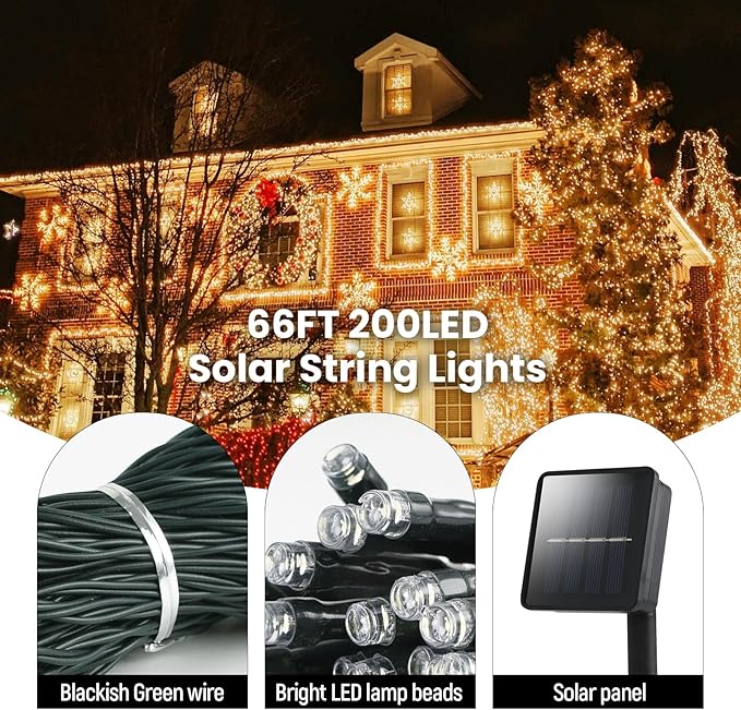 Dailyart Solar String Lights Outdoor 82FT 200 LED Warm White, Solar Fairy Lights Waterproof IP44 with 8 Lighting Modes & Auto On/Off, 600mAh Battery for Garden Patio Yard Trees