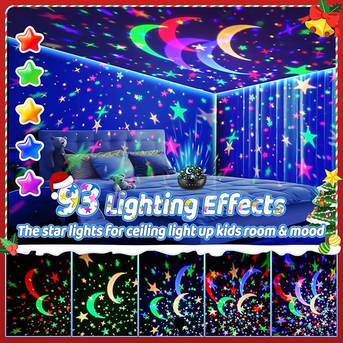 COOLNIGHT Night Light for Kids, 93 Lighting+3 Films Kids Night Light Projector, Remote+Dimmable Star Projector,360°Slient Ceiling Stars Glow in The Dark for Sleep, Boys Christmas Gifts for Grandkids