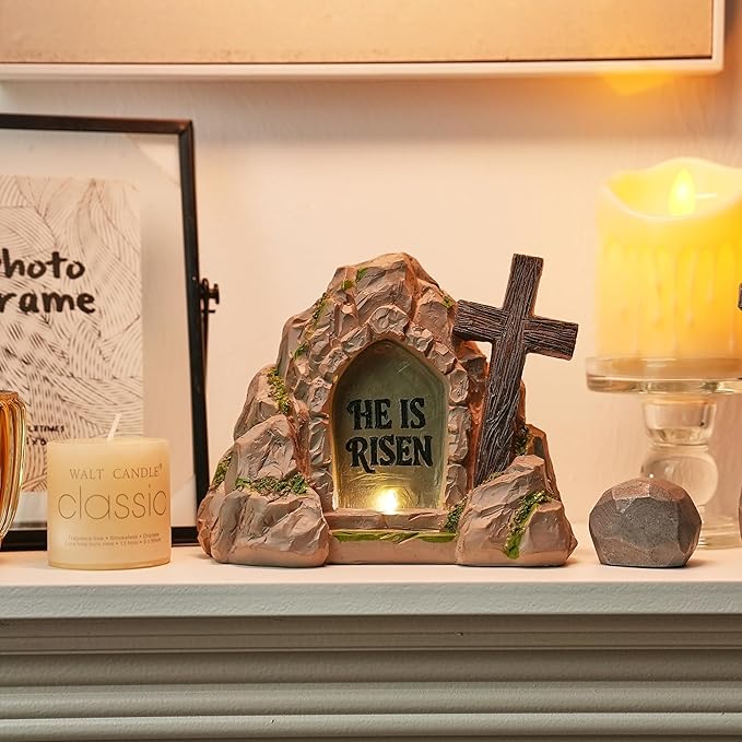 Empty Tomb Easter Decor with LED Lighting, Battery Powered Resurrection Scene for Christian Decoration, Resin HE is Risen Religious Display with Timer, Home Office Tabletop Tray, Shelf Decor