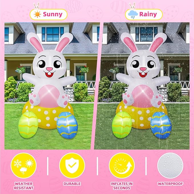 B&D 4FT Easter Inflatables Outdoor Decorations, Blow Up Inflatable Bunny Sits on Colorful Eggs Built-in LED Lights Happy Easter Yard Decorations for Holiday Party Indoor Outdoor Garden Lawn Decor