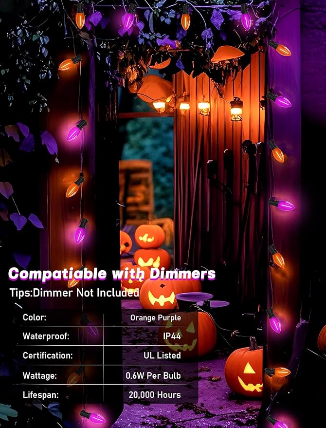 SUNSGNE C9 LED Halloween Lights Outdoor, 25ft Outdoor Christmas Lights with 26 Clear Orange and Purple Bulbs(1 Spare) for Halloween Christmas Roofline Patio Decorations, Black Wire