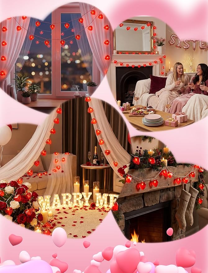 8.5Ft Valentines Day Lights,Heart Lights String with 10 Pack Shiny Glitter Red 3D Heart Lights,Plug in Valentine Light for Indoor Outdoor Valentine's Day Party Wedding Anniversary Decor