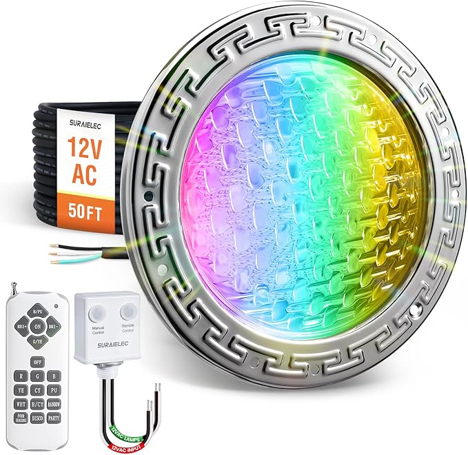 SURAIELEC 12V AC Pool Lights for Inground Pool, 10 inch Color Changing LED Pool Light with Remote Control, 300W Equivalent, Underwater Swimming Pool Light Fixture for Large Wet Niches, 50FT