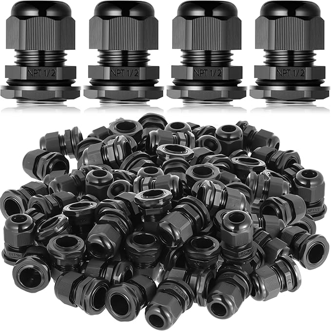 50 Pcs 1/2" NPT Black Nylon Cable Gland, Waterproof IP68 Adjustable Locknut Cable Diameter Waterproof Connectors Black Cord Grip