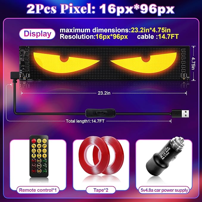 Sachie 2PC 5800 Lux High-Brightness Devil Eyes LED Light Strips for Cars/Trucks/SUVs - 23.6"x4.73" Customizable Windshield Decoration with App Control, IP68 Waterproof, USB-Powered