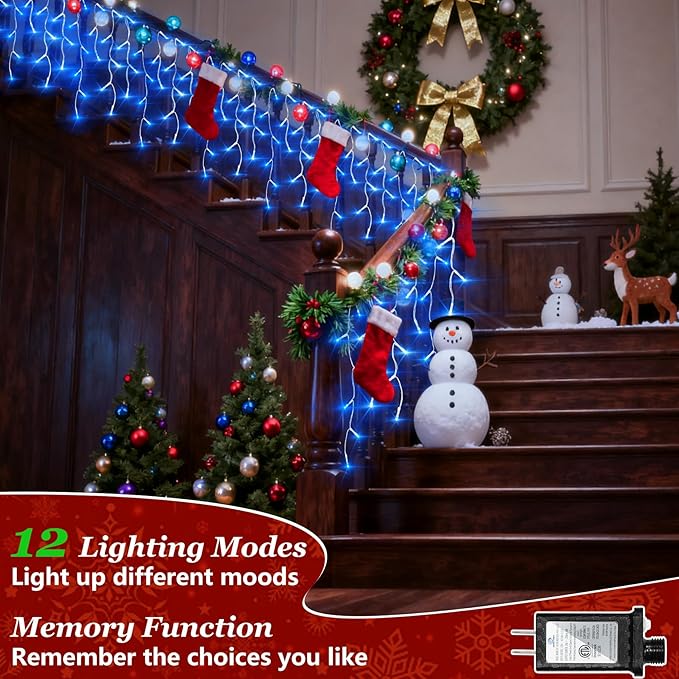 612 LED String lights Indoor Outdoor, 60ft Christmas Window Lights with 136 Drops 12 Modes, Dimmable Curtain Lights, Fairy Lights for Bedroom Holiday Wedding Party Home Xmas Decorations, Blue