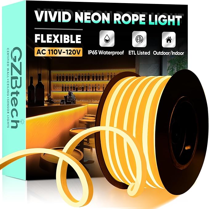GZBtech Flexible LED Neon Rope Lights 33FT,AC 110-120V Waterproof Strip Light, 120 LEDs/M Cuttable Connectable Neon Lighting for Indoor Outdoor Home Decor/Commercial Building Use-Amber 10M, ETL Listed