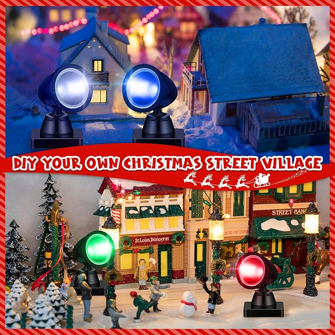 Kingdder 4 in 1 Accessories for Villages Building Light Christmas Village Collection Round Spotlights Battery Operated LED Light with Switch for Christmas Landscape(Multicolored,4 Pcs)