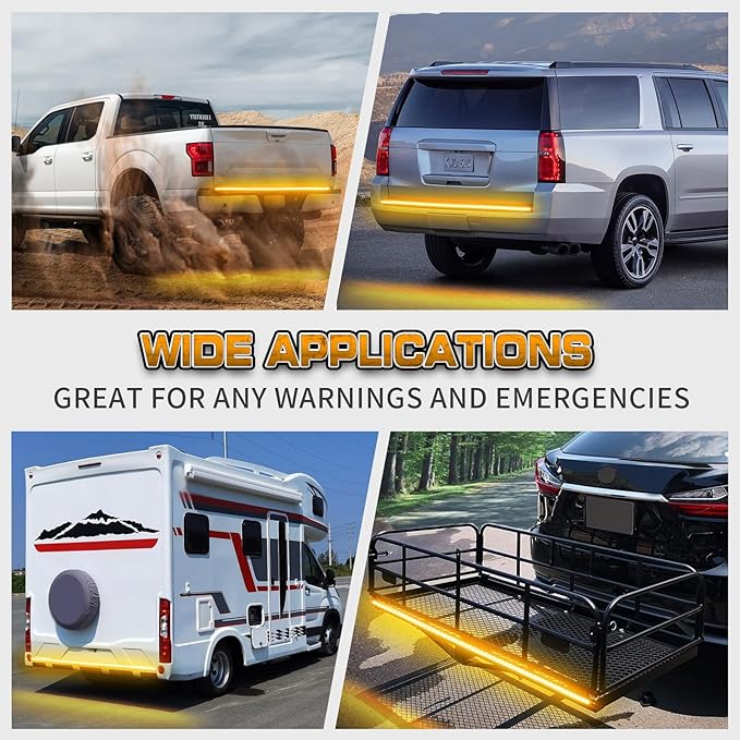 XRIDONSEN 48 inch Amber Tailgate Strobe Lights Strip 288 LED Tail/Rear Window Emergency Lights Flashing Warning Hazard Safety Caution Light for Tow/Plow Trucks Construction Vehicles Pickup Trailer