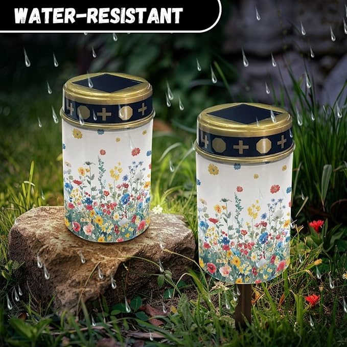 Light for Prayer Cemetery Solar Lights for Grave Cemetery Decor Candle Lamp Floral Solar Powered Landscape Lights for Grave Memorial Gift Decor