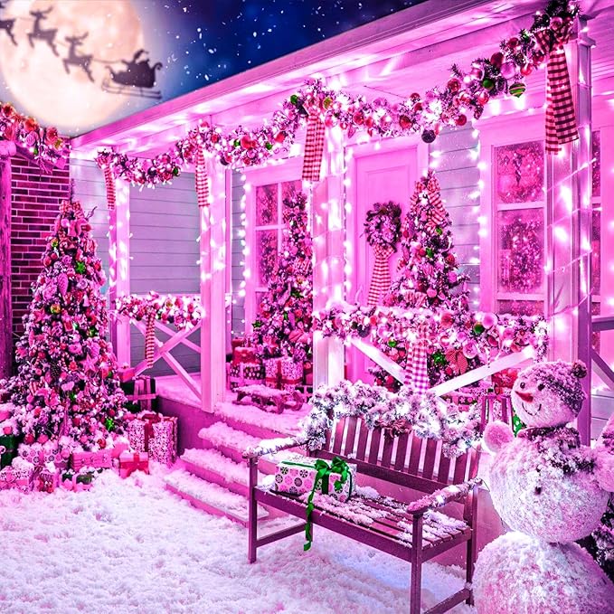 LAMPHOME 33ft Valentine Lights String, 100 LED Green Wire Pink Fairy Starry String Lights Plug in,11 Lighting Modes for Valentines Day Tree Decorations Wedding Party Decoration (Pink)