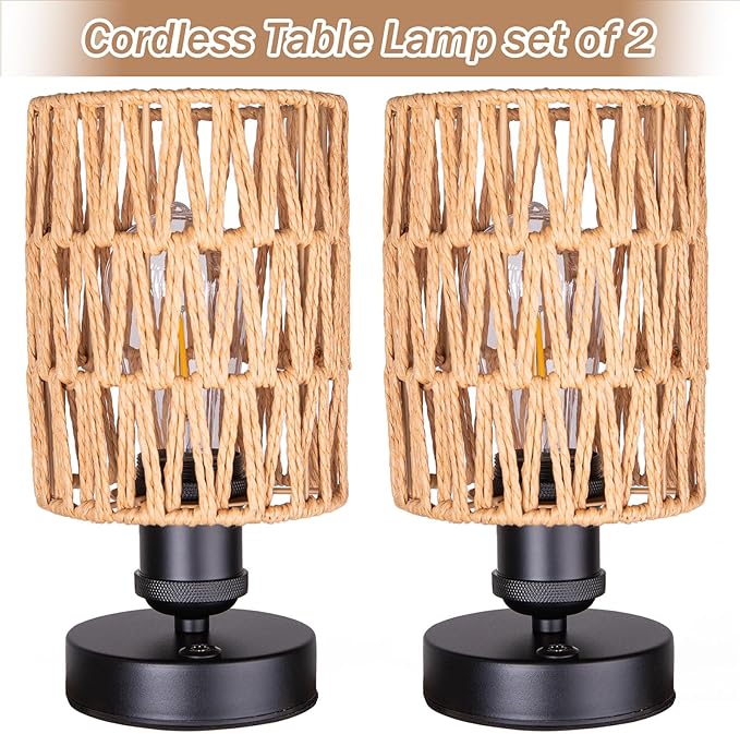 Cordless Rechargeable Outdoor Table Lamps, Battery Operated Table Lamp, Stepless Dimmable for Patio, Living Room, and Bedroom (Bulb Included) - Set of 2 (Beige)