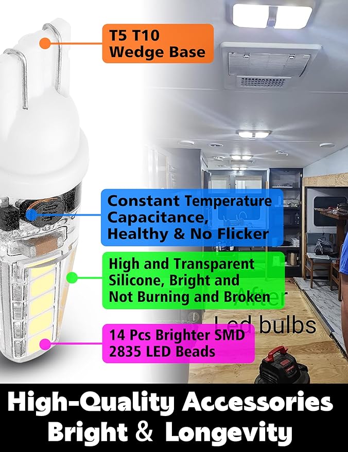 T10 921 922 912 194 168 Led Bulbs Bright White 6000K, 12-24V 300LM for RV Camper Trailer Boat Trunk Interior Dome Map License Lights Backup Reverse Lights,10PACK