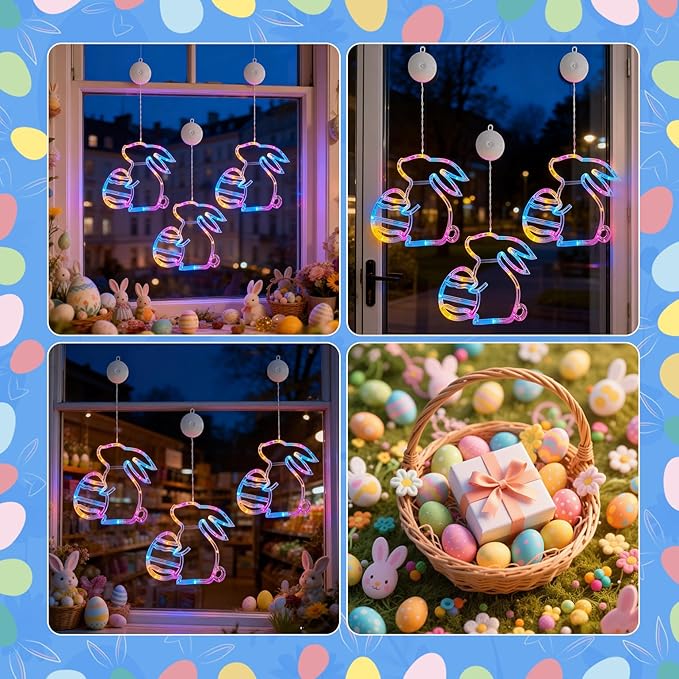 Easter Window Lights Decorations, 3 Pack Easter Hanging Window Decor Colorful Bunny Shaped Lights with Suction Cup, Indoor Battery Operated Bunny LED Holiday Lamp for Home Door Window (Multicolor)