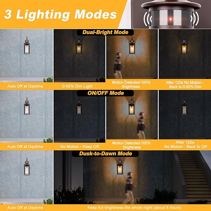 Motion Sensor Outdoor Wall Lights 2 Pack - Oil Rubbed Bronze Dusk to Dawn Light Fixtures, 16" Exterior Wall Sconces, Large Brown Outside Lamps for House, Modern Wall Lanterns