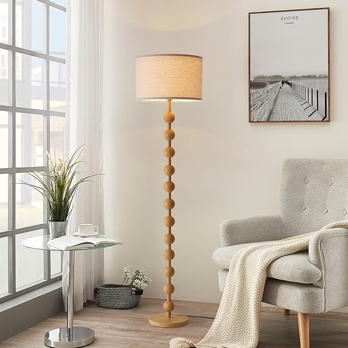 Modern Dimmable Remote Control Floor Lamp for Living Room Bedroom with LED E26 Bulb, Yellow Wood Pattern Iron Tall Standing Lamp Light with Fabric Shade for Nursery Room Home Office