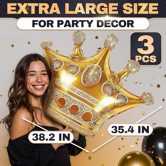 Gold Crown Balloons Set of 3 – 38.2"x35.4" Large Princess Balloons with Royal Crown Shape, Reusable Foil Design – Eye Catching Centerpiece for Princess Party Decor, Birthday Setup and Photo Backdrop