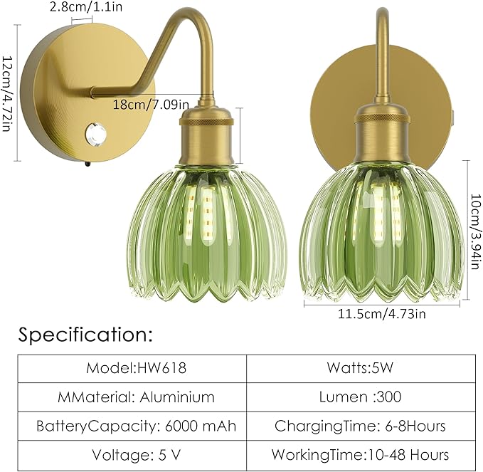 2 Pack Battery Powered Wall Sconce with Green Tulip Glass Lampshade, Rechargeable Dimmable LED Wall Sconce for Living Room, Hallway, Bedroom, Dining Room