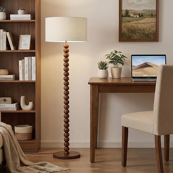 Buruis 61" Beaded Wood Floor Lamp with 17.2" Large Linen Shade, UL Listed, Retro Mid-Century Accent Walnut Finish Standing Lamp for Living Room, Bedroom, Office, Corner, Cream