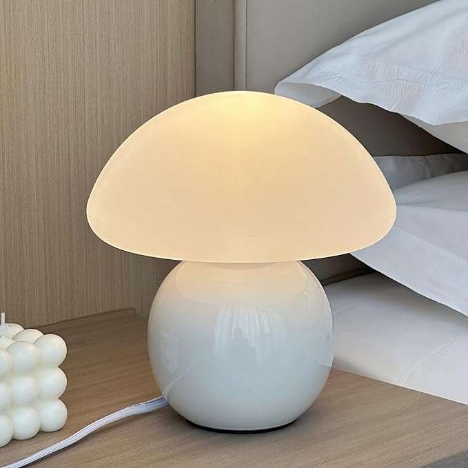 Mushroom Lamp Ceramic Base,Bedside Lamps White Cute 70s Mid Century Modern Decor Lamp for Bedroom,Small Abstract Table Bedside Glass Mood Coze Fun Warm Light