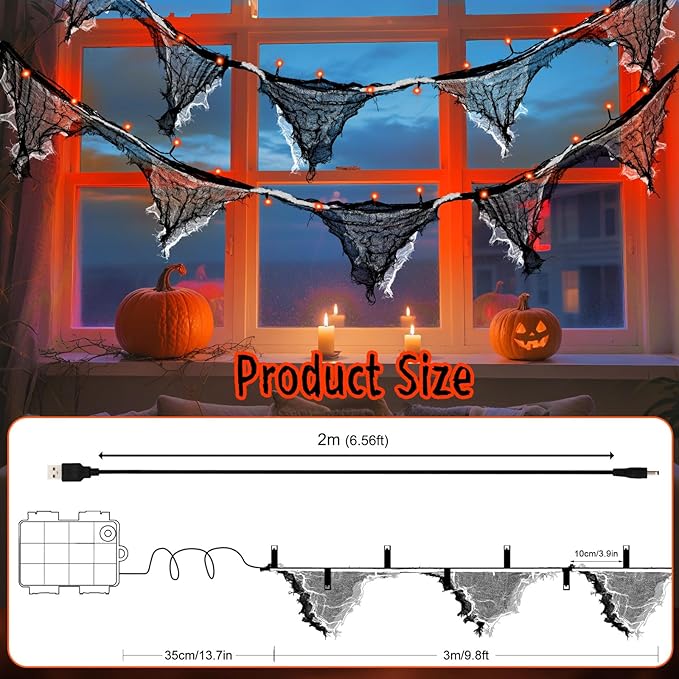 Halloween Lights Battery Operated or USB, Creepy Cloth String Lights with Timer Waterproof 9.8ft 30LED Orange String Lights Halloween Decortions for Fireplace Window Door Mirror