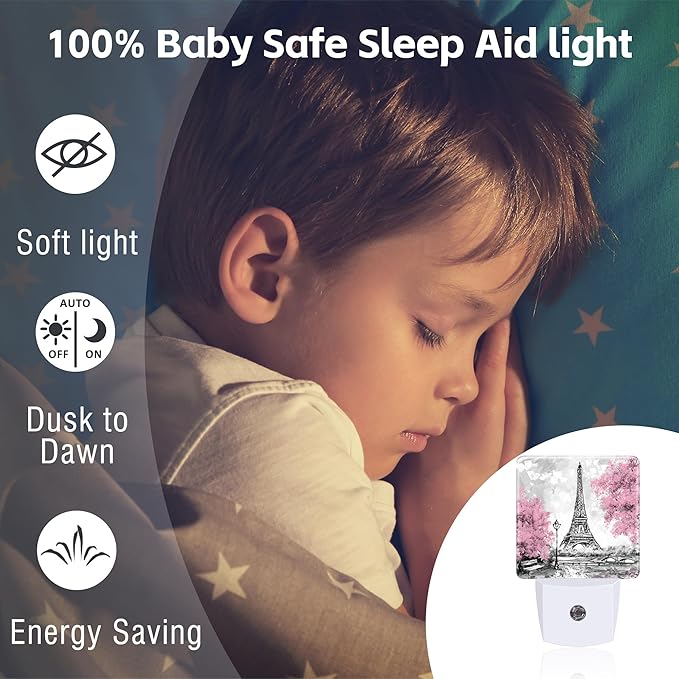 Pink Cherry Blossoms Tree and Eiffel Tower Night Light Plug into Wall,Modern Art Floral Oil Painting Dusk to Dawn Night Light,0.5w Energy Saving Nightlights for Kids Boys Girls Home