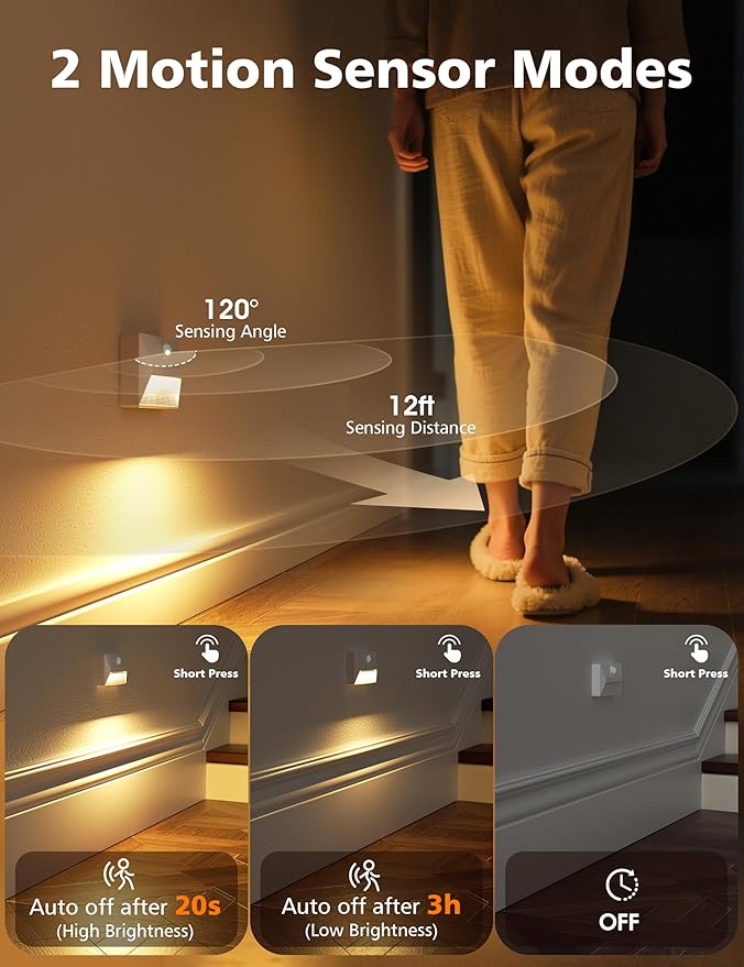 NIORSUN Motion Sensor Night Light, Rechargeable Stair Lights Indoor, 3 Colors and Motion Modes 2000 mAh Battery Night Light with Light Sensor for Stairway, Hallway, Bathroom, Kitchen White 6 Pack