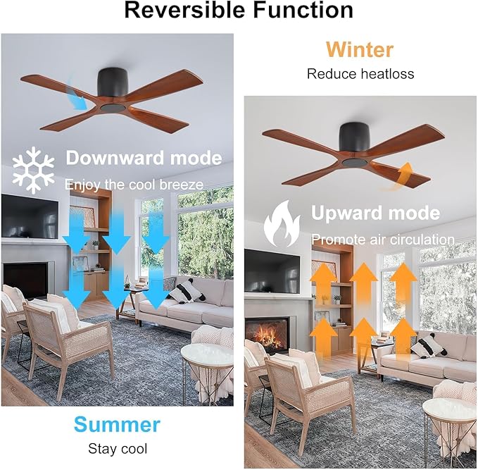 WINGBO Ceiling Fan no Light - 48 inch Solid Wood Flush Mount Ceiling Fan with Remote,4 Reversible Blades, 6-Speed Noiseless Powerful DC Motor, ETL Listed,Matte Black+Walnut
