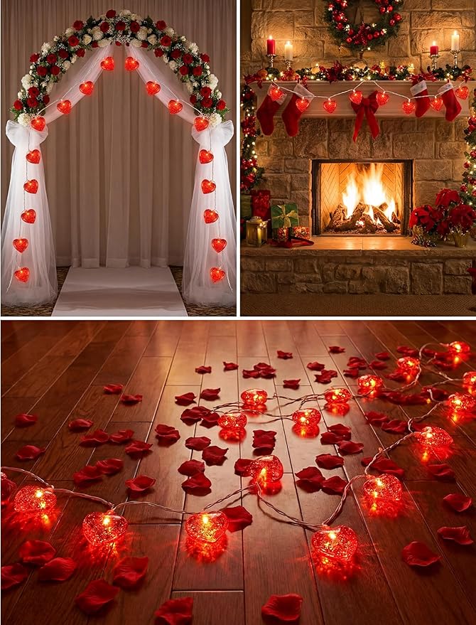 8.5Ft Red Heart String Lights,10 LED 3D Glitter Hearts Plug in Fairy Heart Shape Lights,Connectable Valentine's Day Decorations for Bedroom,Window,Wedding,Anniversary,Indoor Outdoor