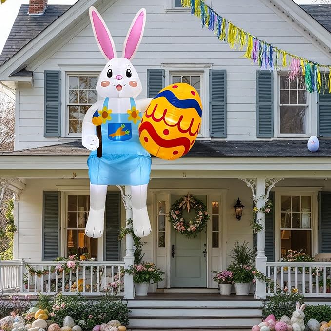 8FT Easter Inflatables Outdoor Decorations Sitting Inflatable Bunny Decor, Inflatable Eggs Decor with LED, Easter Blow Ups for Outside Roof Yard Shop Garden